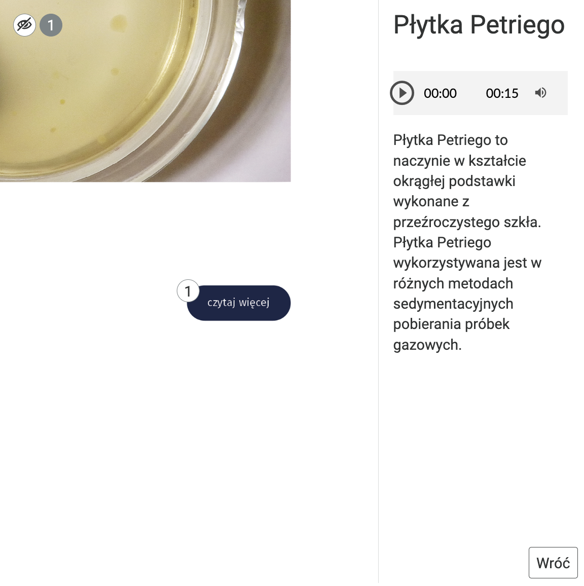 Grafika przedstawia rozwinięty punkt pierwszy dotyczący płytki Petriego. Znajdują się tu: nagranie dźwiękowe i zapisana treść oraz ilustracja.