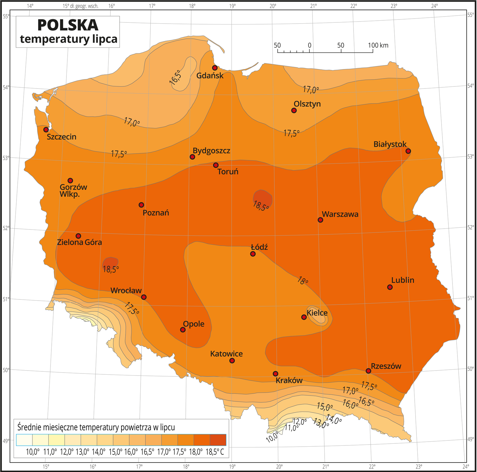 Ilustracja przedstawia mapę Polski. Na mapie odcieniami koloru pomarańczowego i żółtego zaznaczono średnie miesięczne temperatury powietrza w lipcu. W centralnej części mapy kolor jest najciemniejszy, w kierunku północnym i południowym przechodzi w jaśniejszy. Południowe krańce Polski (tereny górzyste) są w najjaśniejszym kolorze żółtym. Na izotermach opisano średnią miesięczną temperaturę lipca co jeden stopień od dziesięciu do szesnastu stopni, a dalej co pół stopnia – aż do osiemnastu i pół stopnia. Czerwonymi punktami zaznaczono miasta wojewódzkie. Mapa pokryta jest siatką równoleżników i południków. Dookoła mapy jest biała ramka, w której opisane są współrzędne geograficzne co jeden stopień. Poniżej mapy w legendzie umieszczono prostokątny poziomy pasek. Pasek podzielono na trzynaście kolorów. Z lewej strony jasnożółte, środek jasnopomarańczowy, z prawej najciemniejsze odcienie koloru pomarańczowego. Każda część paska obrazuje jednostopniowy (powyżej szesnastu stopni – półstopniowy) przedział średniej miesięcznej temperatury powietrza w lipcu od dziesięciu stopni Celsjusza (kolory żółte) do ponad osiemnastu stopni Celsjusza (kolory pomarańczowe).