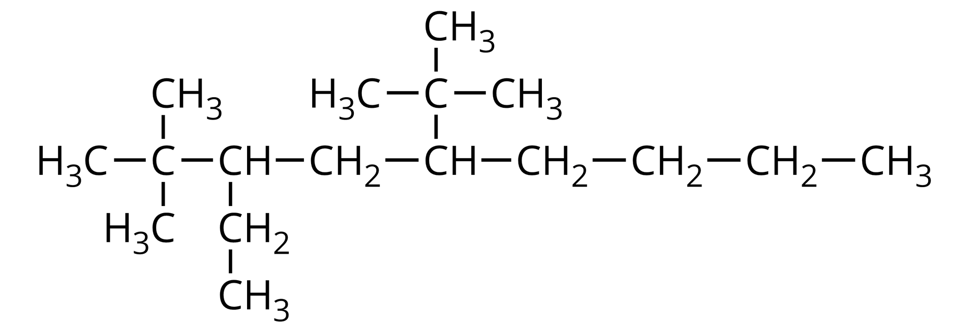 Wzór: opis od prawej strony - grupa metylowa - grupa metylenowa - grupa metylenowa - grupa metylenowa. Ostatnia z nich łączy się z grupą CH. Grupa CH łączy się u góry z atomem węgla. Atom węgla łączy się na górze i po bokach z grupą metylową. Grupa CH po lewej stronie łączy się z grupą metylenową. Ta z kolei łączy się po lewej stronie z grupą CH. Grupa CH łączy się na dole z grupą metylenową, która łączy się z kolei z grupą metylową. Grupa CH po lewej stronie łączy się z atomem węgla, który łączy się z trzech stron w grupą metylową.
