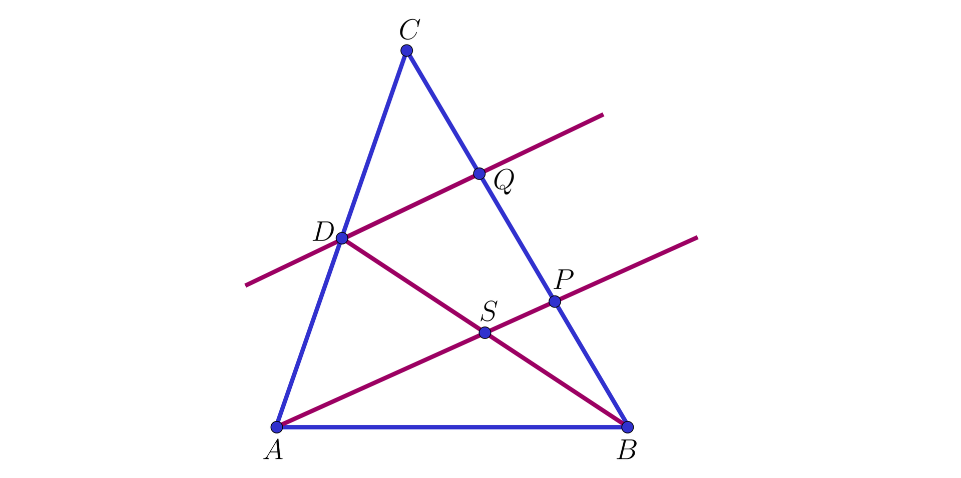 Na ilustracji przedstawiono trójkąt ABC. Zaznaczono punkt D na boku AC, oraz punkt Q na przeciwległym boku BC. Zaznaczono odcinek łączący wierzchołek B z punktem D, oraz poprowadzono prostą przechodzącą przez punkty D i Q. Z wierzchołka A poprowadzono półprostą przecinającą odcinek BD w punkcie S, oraz bok BC w punkcie P. 