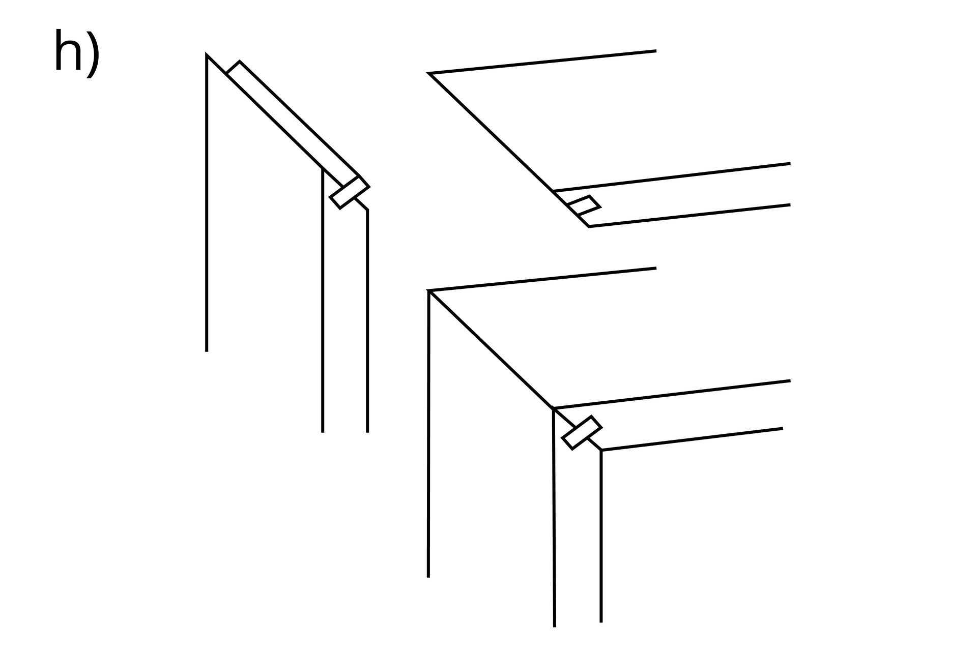 Ilustracja ukazuje dwa rysunki złącza wpustkowego skośnego. Jest to połączenie narożnikowe ścienne – szerokie elementy łączą się pod kątem prostym, przy czym łączone krawędzie ścięte są pod kątem czterdziestu pięciu stopni. Pierwszy rysunek przedstawia dwa łączone elementy. W jednym elemencie w miejscu łączenia znajduje się podłużny wypust na całej szerokości płyty, w drugim zaś odpowiadające wypustowi wycięcie. Drugi rysunek ukazuje połączone elementy.
