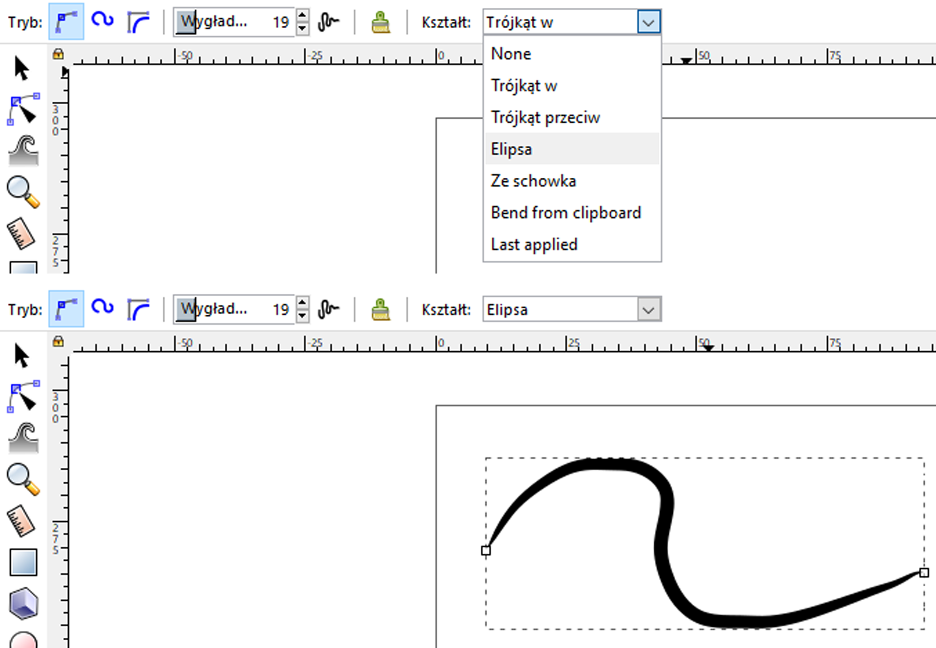 Ilustracja przedstawia dwie grafiki ukazujące fragment okna programu graficznego. Na pierwszej grafice widoczna jest rozwinięta opcja kształtu znajdująca się na górnym panelu programu. Kształty możliwe do wybrania to: brak, trójkąt w, trójkąt przeciw, elipsa, ze schowka oraz ostatnio używane. Na kolejnej grafice w obszarze roboczym narysowana została krzywa przy użyciu kształtu elipsa. Krzywa jest pogrubiona i wygląda jak narysowana pisakiem.