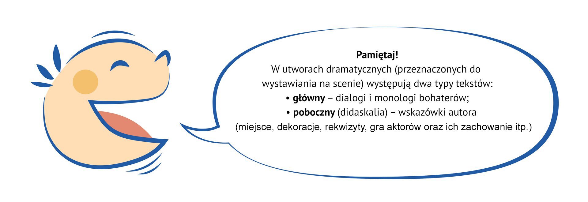 Kliknij, aby powiększyć Grafika przedstawia uśmiechniętą dziecięcą twarz. Z ust dziecka wydobywa się dymek. NAPIS W DYMKU: Pamiętaj! W utworach dramatycznych (przeznaczonych do wystawiania na scenie) występują dwa typy tekstów: główny – dialogi i monologi bohaterów; poboczny (didaskalia) – wskazówki autora dotyczące sposobu wystawiania utworu na scenie (miejsca, dekoracji, rekwizytów, gry aktorów, ich zachowań itp.).