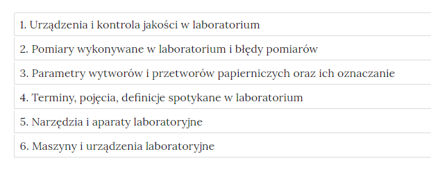 Grafika przedstawia przykładowy wygląd zakładek zawierających interaktywne materiały sprawdzające. Są one prostokątne i umieszczone jedna pod drugą. Każda zakładka ma numer oraz tytuł nawiązujący do ćwiczenia.