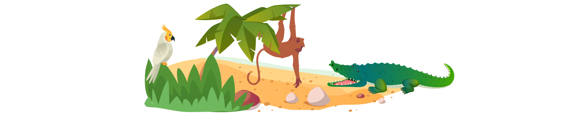 Ilustracja przedstawia plażę. Po lewej stronie, w zaroślach, siedzi żółto‑szara papuga. Obok papugi znajduje się palma, z której zwisa brązowa małpa. Po prawej stronie, na piasku, leży zielony krokodyl z otwartą paszczą.