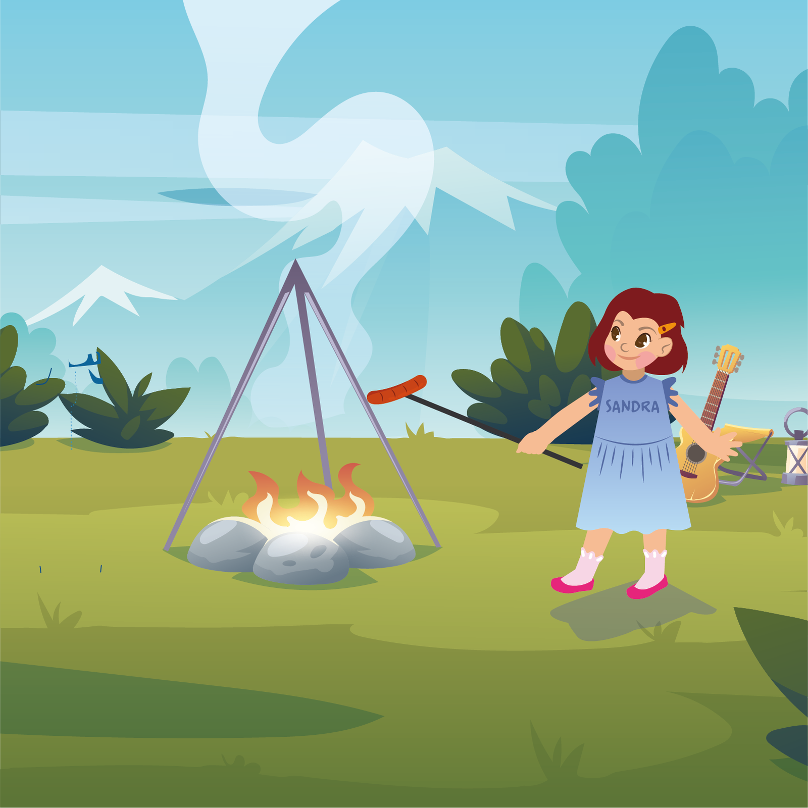 Ilustracja przedstawia Sandrę, z nabitą na patyk kiełbaską, grillującą ją nad ogniskiem. Ognisko otoczone jest kamieniami. Nad ogniskiem, stoi trójkątny stelaż. W tle, widoczne są ośnieżone szczyty gór. Za Sandrą na ziemi, stoi krzesełko biwakowe, gitara oraz lampa.