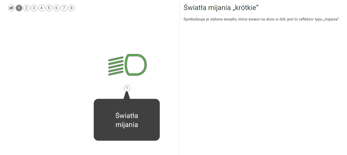 Widok po kliknięciu wybranego numerka. Znajduje się tam plansza, na której jest nazwa elementu, opis i nagranie dźwiękowe tożsame z nim.