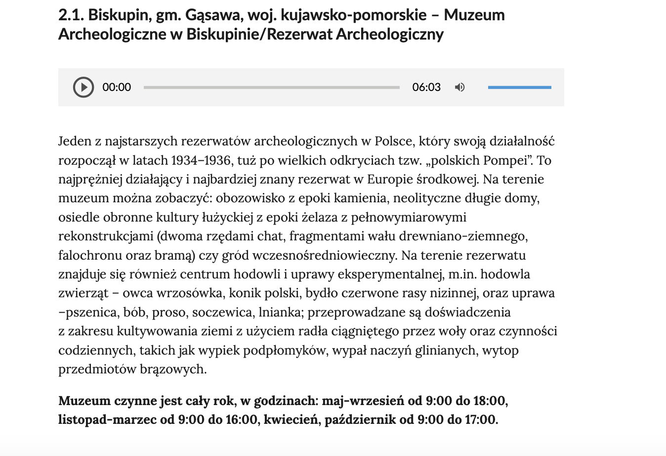 Grafika przedstawia widok przykładowej treści atlasu interaktywnego Wybrane atrakcje turystyczne Polski. U góry widoczny jest tytuł rozdziału, poniżej którego znajduje się pasek nagrania audio, a poniżej treść rozdziału.