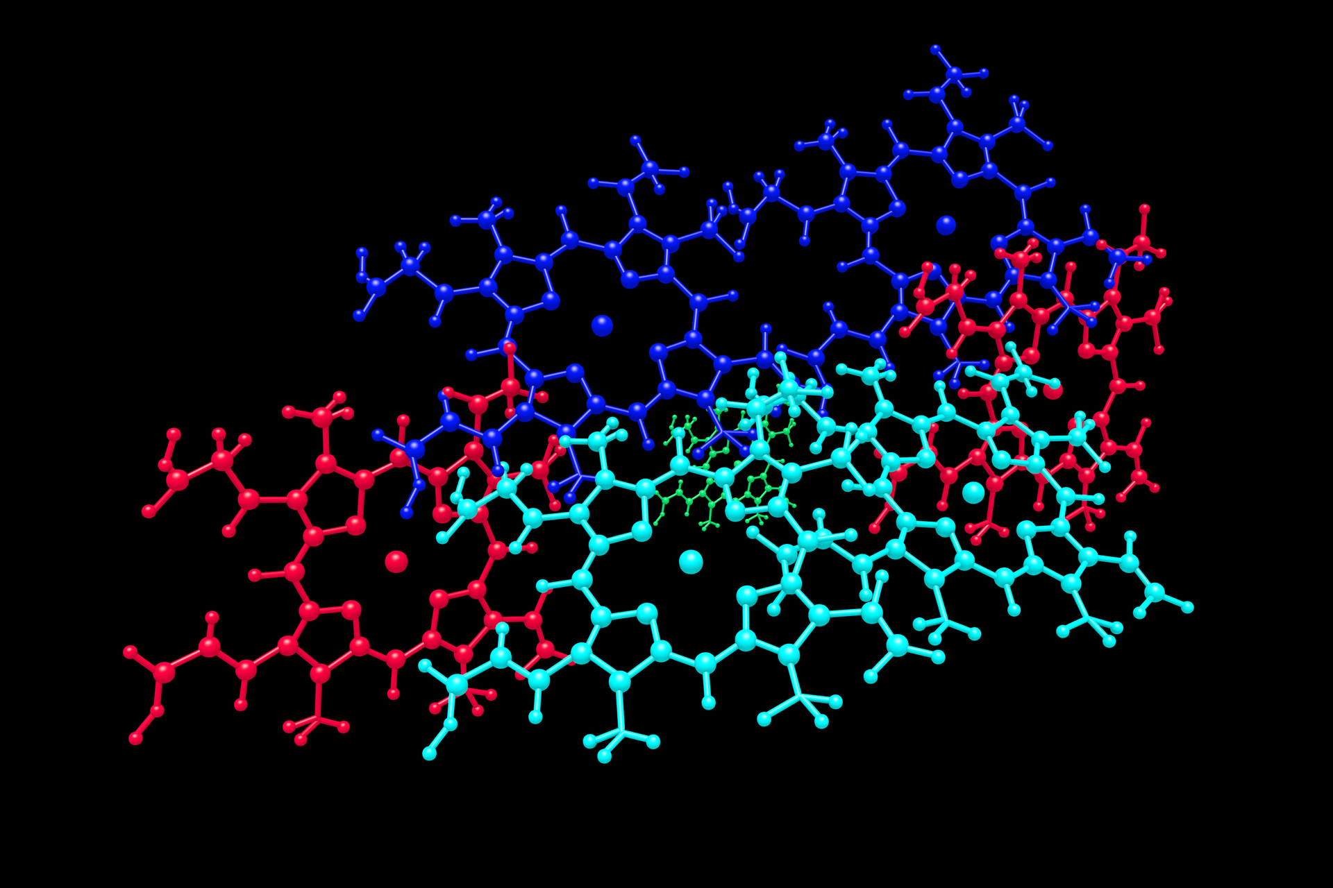 Ilustracja, stworzona przez program komputerowy, przedstawia model cząsteczki hemu, czerwonego barwnika krwi.