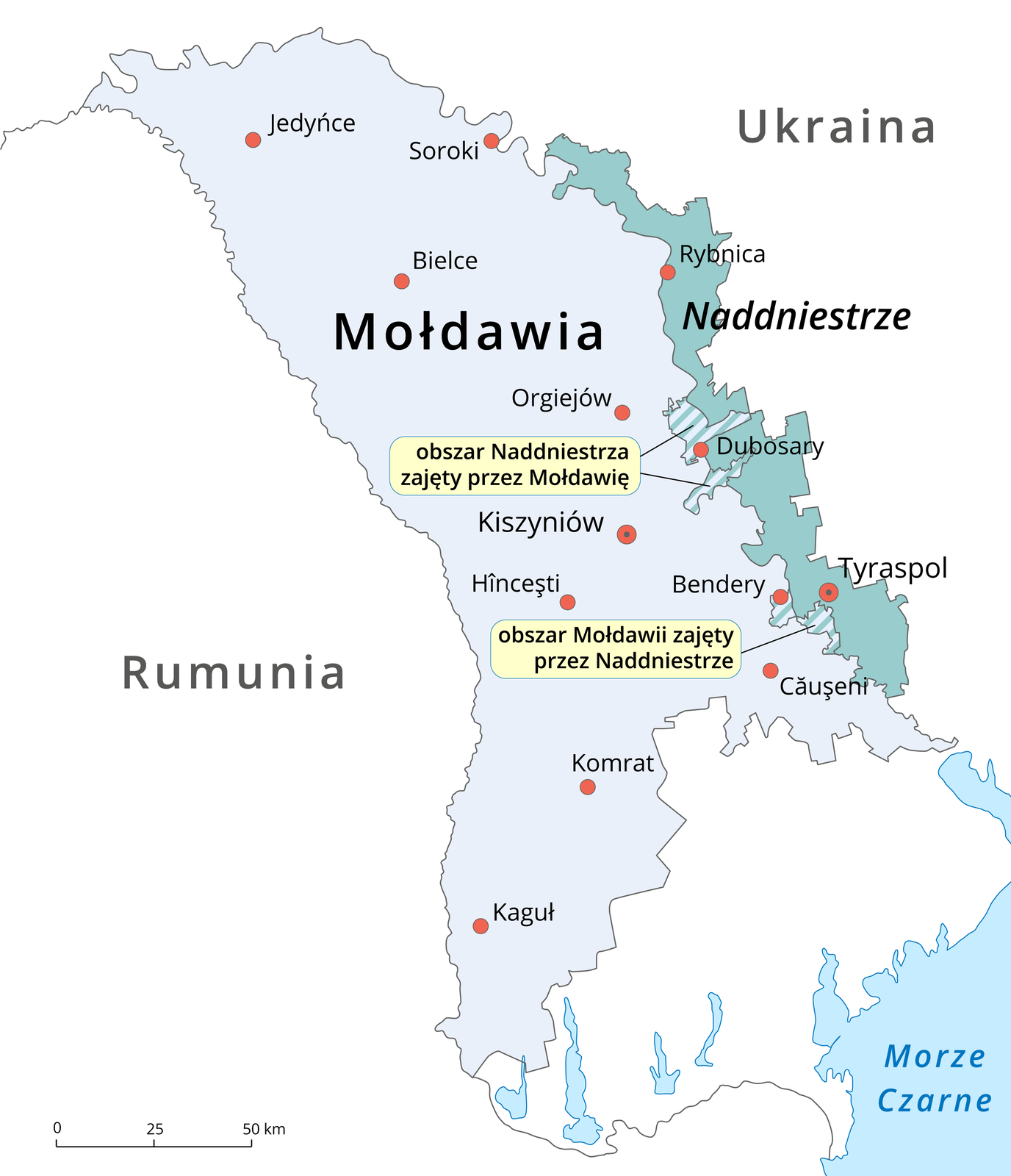 Na ilustracji mapa polityczna. Mołdawia oznaczona kolorem niebieskim, od wschodu graniczące z nią Naddniestrze oznaczone kolorem turkusowym. Na granicy Mołdawii i Naddniestrza dwa obszary kreskowane. Wyżej obszar Naddniestrza zajęty przez Mołdawię, niżej obszar Mołdawii zajęty przez Naddniestrze. Od zachodu Mołdawii – Rumunia, od wschodu Naddniestrza – Ukraina.