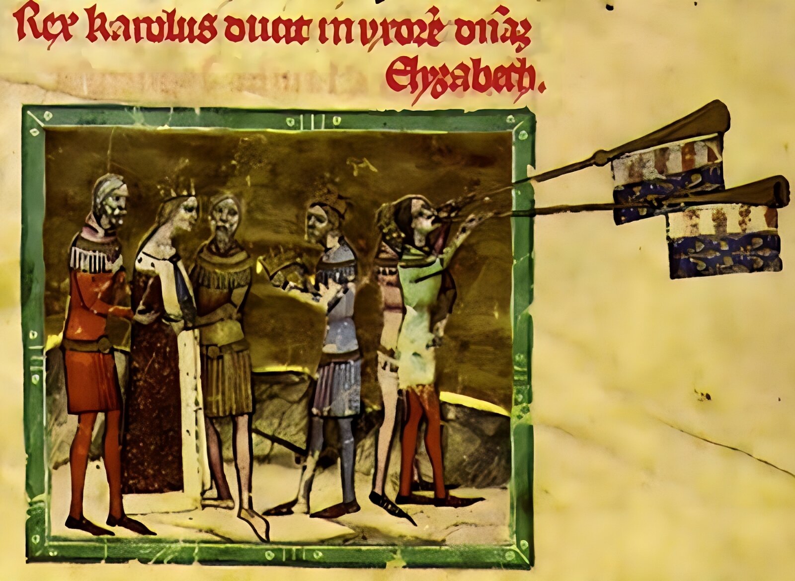 Ilustracja to rysunek będący miniaturą ze średniowiecznego dokumentu. Przedstawia on ślub króla węgierskiego Karola Roberta i Elżbiety, córki Władysława Łokietka. Na rysunku została przedstawiona grupa sześciu osób. Dwie z nich to heroldowie dmący w trąby, do których przywieszono ozdobną tkaninę w barwach dynastii andegaweńskiej - złote lilie na niebieskim polu z jednej strony, z drugiej biało -czerwone pasy. W centrum dwóch mężczyzn podtrzymuje za ramiona Elżbietę. Zbliża się do niej Karol Robert, w koronie na głowie, trzymając oburącz koronę królewską, przeznaczoną dla Elżbiety. Powyżej ilustracji tekst po łacinie, zapisany czerwonym atramentem.