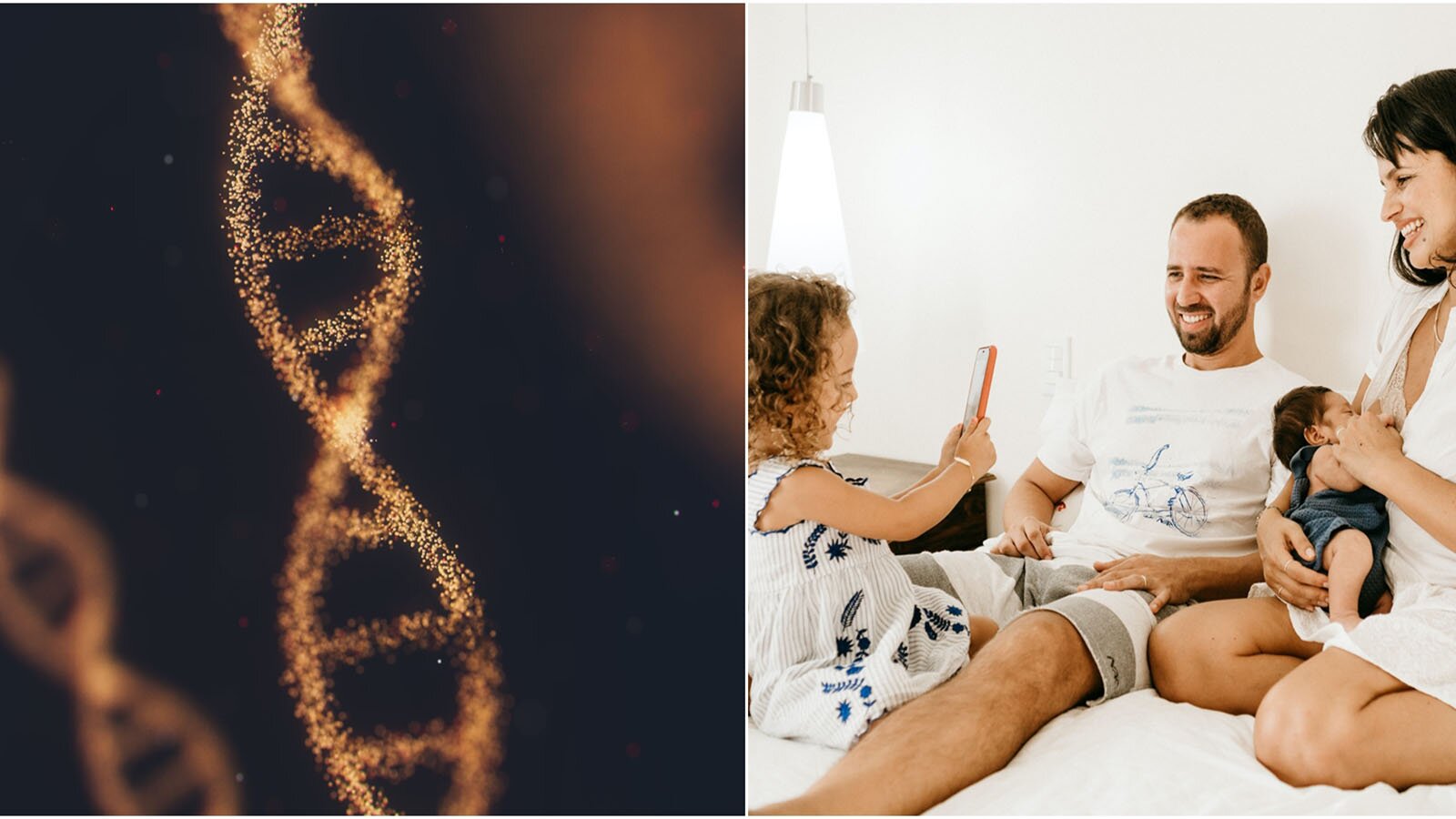 Ilustracja składa się z dwóch zdjęć. Po lewej widoczny podwójna helisa struktury DNA. Z prawej Widoczna rodzina siedząca na łóżku. Widoczny jest mężczyzna, kobieta karmiąca piersią dziecko oraz dziewczynka w wieku przedszkolnym robiąca im zdjęcie telefonem.  
