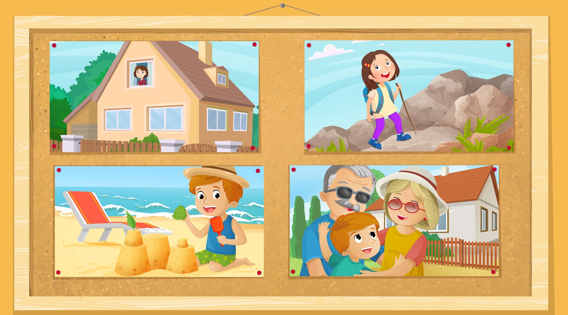 Na ilustracji ukazano kolaż składający się z czterech grafik. Na pierwszej z nich znajduje się wyglądająca przez okno dziewczynka. Na drugiej znajduje się dziewczynka chodząca po górach. Na trzeciej znajduje się chłopiec na plaży, robiący babki z piasku. Na czwartej znajduje się chłopiec przytulający swoich dziadków.