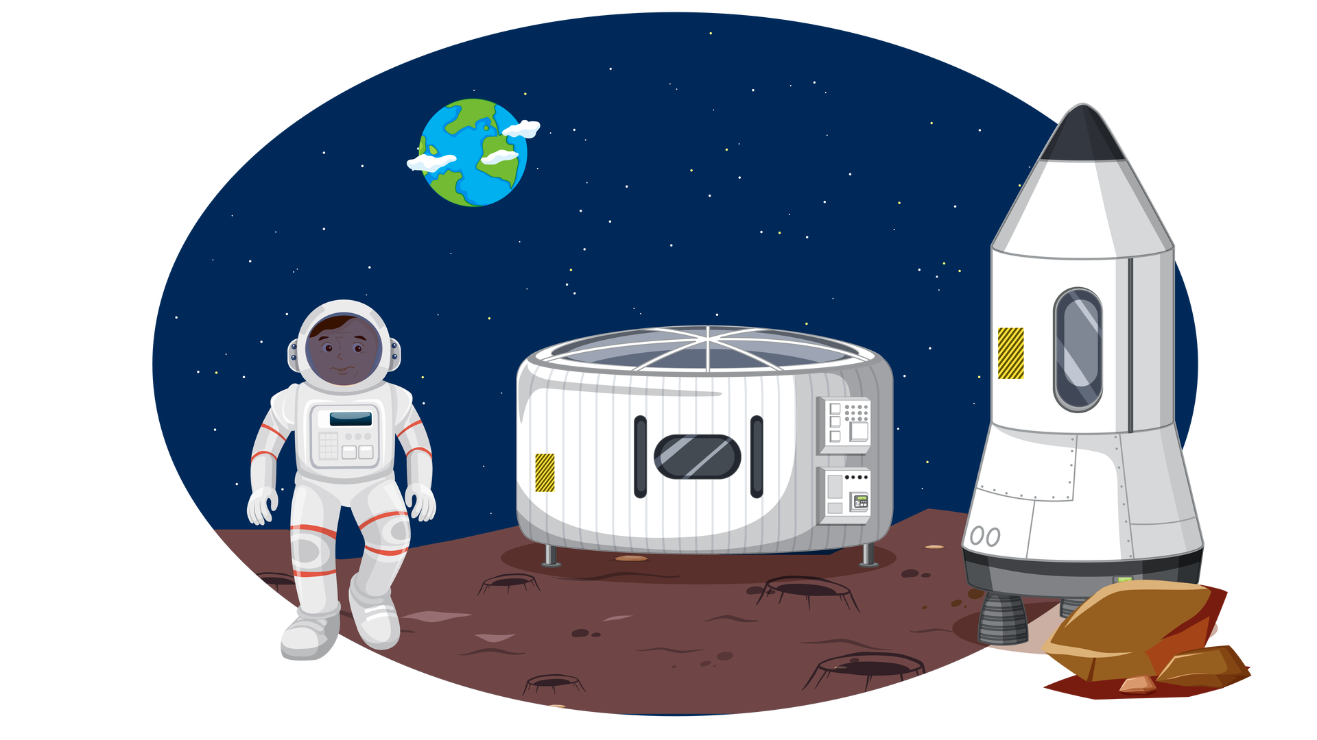 Ilustracja przedstawia kosmos. W tle widać rozgwieżdżoną granatową przestrzeń z kulą ziemską po lewej stronie. Ziemię otaczają trzy białe chmury. Na pierwszym planie jest fragment Księżyca, na którym, po lewej stronie, stoi astronauta. Jest to mężczyzna w specjalnym białym stroju, z przeszklonym hełmem na głowie. Po prawej stronie znajduje się niewielka biało‑szara rakieta z jednym oknem. Jest podłużna, zwężająca się ku górze. W dolnej części posiada kilka silników. Obok niej leżą trzy brązowe kamienie: jeden duży i dwa małe. Na środku stoi baza w postaci okrągłej białej kapsuły z jednym oknem. Na ścianie bazy, po prawej stronie, są dwa białe panele z przyciskami. Dach konstrukcji jest przeszklony.