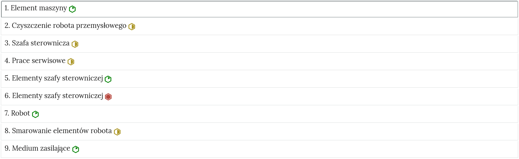 Grafika przedstawia przykładowy wygląd zakładek zawierających interaktywne materiały sprawdzające. Jest to rząd umieszczonych, jedna pod drugą, zakładek. Zakładki opatrzone są numerem, tytułem oraz symbolem, będącym oznaczeniem stopnia trudności.