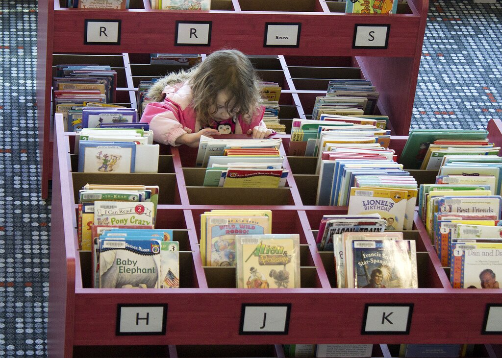 Ilustracja przedstawia zdjęcie, na którym widoczna jest dziewczynka w różowym ubraniu przeglądająca skrzynki z książkami. Akcja dzieje się prawdopodobnie w bibliotece.