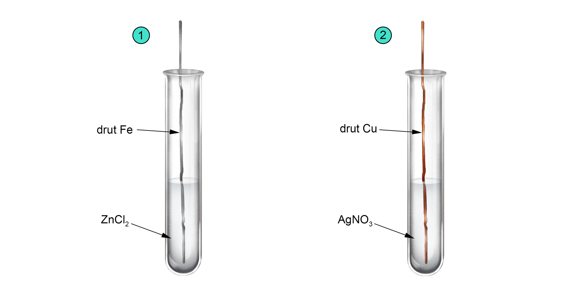 Ilustracja przedstawiająca dwie probówki. W pierwszej znajduje się roztwór chlorku cynku ZnCl2, w którym zanurzono drut wykonany z żelaza Fe. W drugiej probówce znajduje się roztwór azotanu (V) srebra (I) AgNO3, w którym zanurzono drut wykonany z miedzi Cu. 