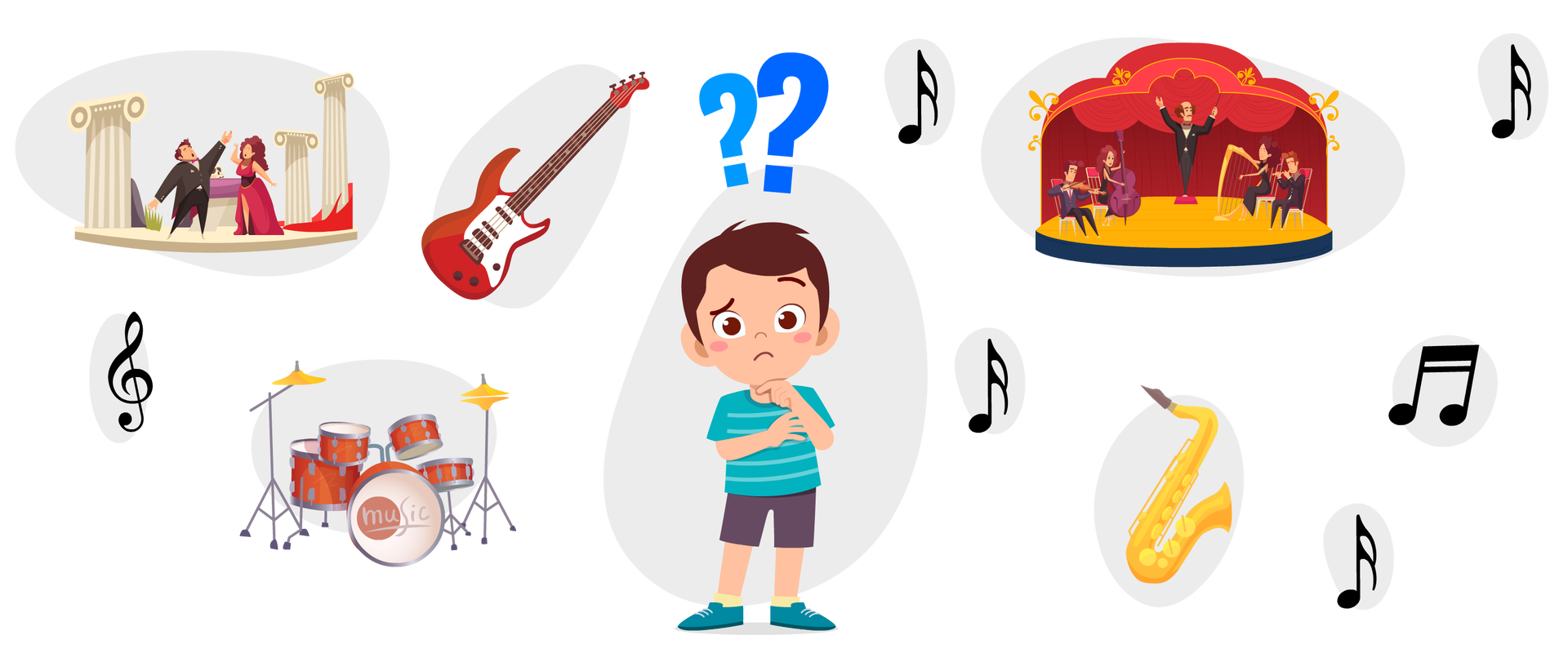 Zdjęcie przedstawia chłopca, myślącego o muzyce. Na środku fotografii przedstawiona jest zamyślona, animowana postać chłopca. Dziecko ubrane jest w niebieską koszulkę z krótkim rękawkiem, krótkie szare spodnie oraz niebieskie buty. Lewą ręką podpiera swoją brodę. Ma zmarszczone brwi. Nad jego głową ukazane są dwa niebieskie znaki zapytania. Po prawej stronie przedstawiono saksofon, scenę muzyczną wraz z orkiestrą. Pomiędzy rysunkami znajduję się sześć czarnych nutek. Po lewej stronie fotografii, ukazana jest gitara elektryczna, perkusja, opera. Obok znajduje się czarny klucz wiolinowy.