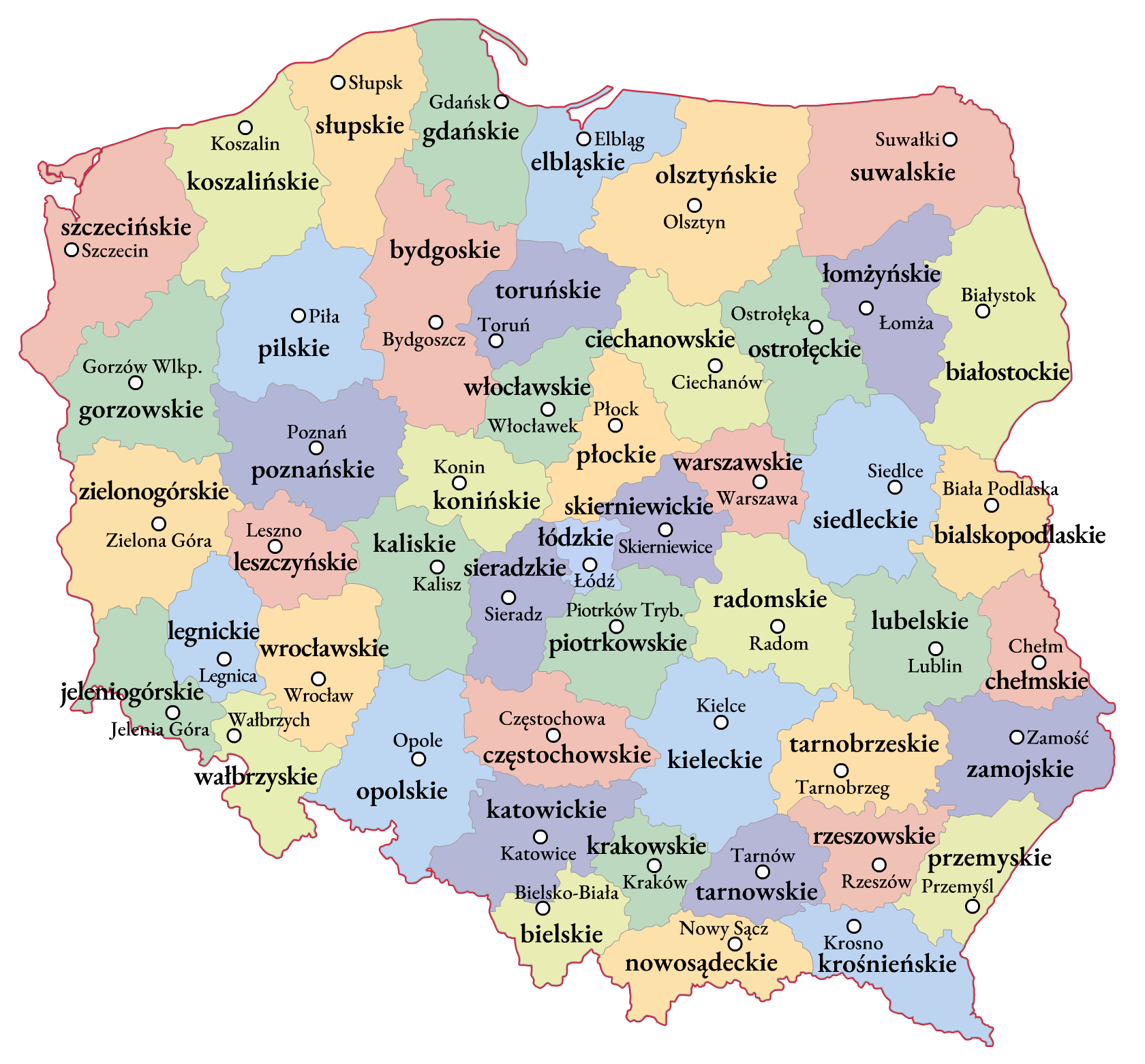 Kliknij aby powiększyć Ilustracja przedstawia mapę administracyjną Polski z podziałem na województwa: bialskopodlaskie, białostockie, bielskie, bydgoskie, chełmskie, ciechanowskie, częstochowskie, elbląskie, gdańskie, gorzowskie, jeleniogórskie, kaliskie, katowickie, kieleckie, konińskie, (miejskie) krakowskie, krośnieńskie, legnickie, leszczyńskie, lubelskie, łomżyńskie, (miejskie) łódzkie, nowosądeckie, olsztyńskie, opolskie, ostrołęckie, pilskie, piotrowskie, płockie, poznańskie, przemyskie, radomskie, rzeszowskie, siedleckie, sieradzkie, skierniewickie, słupskie, suwalskie, szczecińskie, tarnobrzeskie, tarnowskie, toruńskie, wałbrzyskie, (stołeczne) warszawskie, włocławskie, wrocławskie, zamojskie, zielonogórskie.