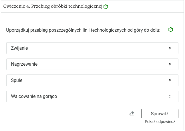 Zdjęcie przedstawia otwartą zakładkę z przykładowym zadaniem. Pod nazwą zakładki znajduje się polecenie. Pod poleceniem widać treść zadania z odpowiedziami do wyboru. Po prawej stronie polecenia widać zielony sześciokąt. Poniżej zadania, po prawej stronie panelu znajduje się ikona sprawdź. Po jej lewej stronie widać symbol gumki. Poniżej przycisku sprawdź znajduje się napis pokaż odpowiedź.