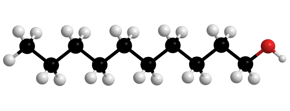 Ilustracja przedstawia model kulkowy cząsteczki dekan–jeden–olu. Czarna kulka to węgiel, biała to wodór, czerwona to tlen. Cząsteczka składa się z jednego atomu węgla, połączonego z trzema atomami wodoru, i kolejno z dziewięcioma atomami węgla, łączącymi się z dwoma atomami wodoru, połączonymi szeregowo. Ostatni z nich poza dwoma atomami wodoru ma przyłączony jeden atom tlenu. Atom tlenu z kolei wiąże się z atomem wodoru tworzą grupę hydroksylową. Atomy węgla tworzą zygzak.