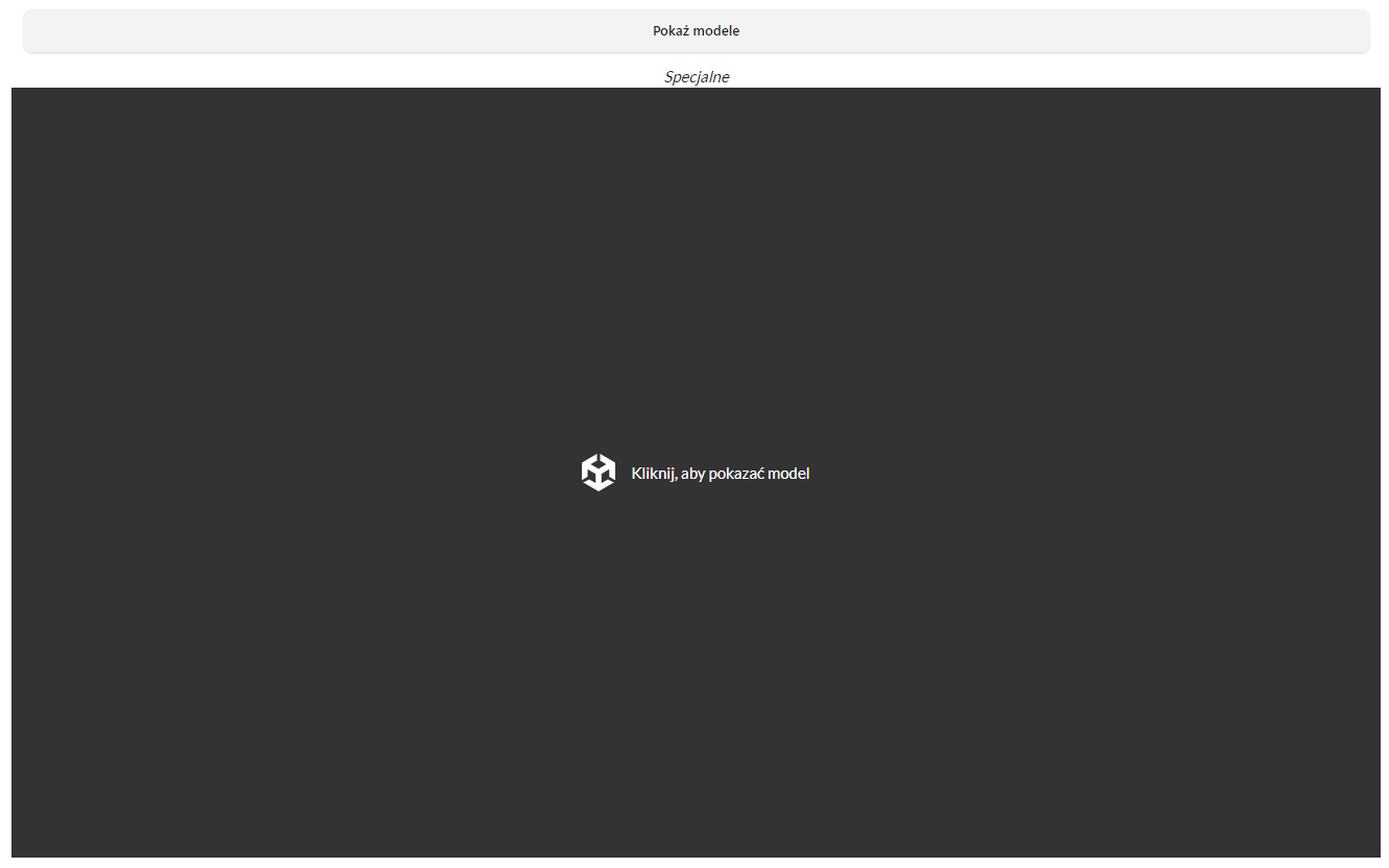 Ilustracja przedstawia widok ekranu wprowadzającego do wizualizacji modelu. Na środku czarnego ekranu znajduje się znak oraz napis kliknij aby pokazać model.