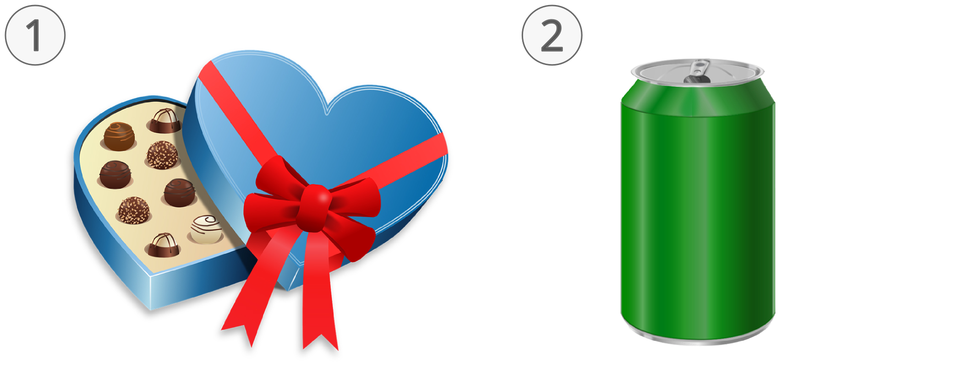 Ilustracja przedstawia bombonierkę z czekoladkami oraz puszkę napoju.