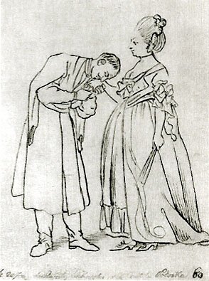 Ilustracja przedstawia mężczyznę, który całuje kobietę w dłoń. Jest on ubrany w długi płaszcz oraz wysokie buty. Kobieta ubrana jest w długą, bufiastą suknię. Włosy ma spięte w wysoki kok. Ilustracja jest czarno‑biała.