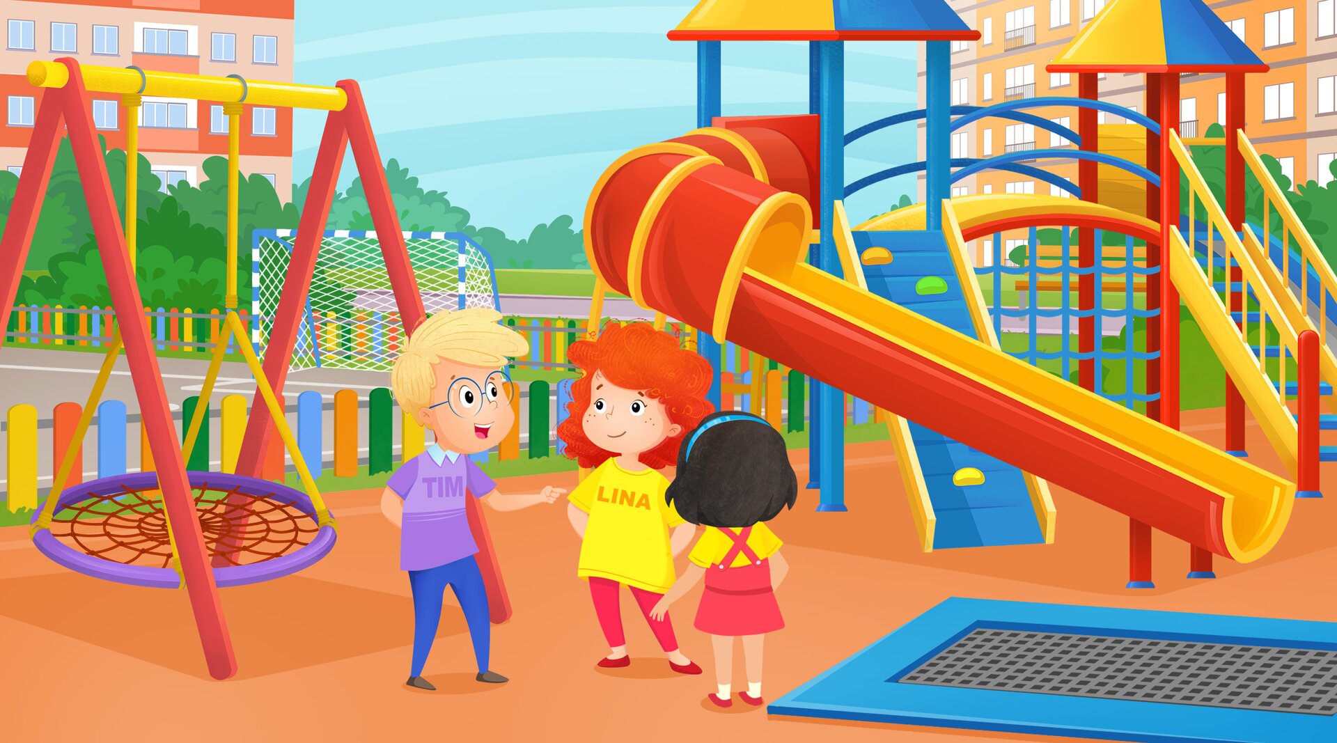 Na ilustracji znajduje się trójka dzieci na placu zabaw.