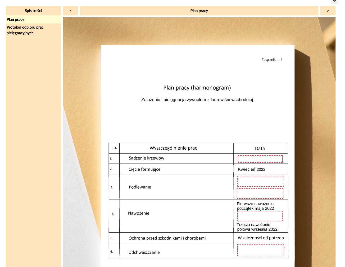 Fragment przykładowej dokumentacji z aktywnym ćwiczeniem (zaznaczonym czerwoną ramką)