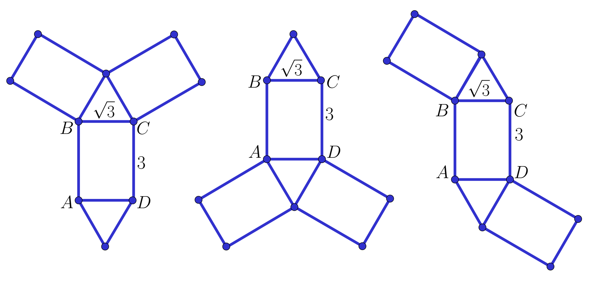 Na ilustracji przedstawiono trzy siatki graniastosłupa Długość krótszego boku prostokąta wynosi pierwiastek drugiego stopnia z trzech. Siatka numer jeden wygląda następująco. Na krótszych bokach prostokąta ABCD, czyli bokach AD i BC zbudowano trójkąty równoboczne. Na dwóch pozostałych bokach trójkąta zbudowanego na boku BC, zbudowano prostokąty. Siatka druga wygląda następująco. Na krótszych bokach prostokąta ABCD, czyli bokach AD i BC zbudowano trójkąty równoboczne. Na dwóch pozostałych bokach trójkąta zbudowanego na boku AD, zbudowano prostokąty. Siatka trzecia. Na krótszych bokach prostokąta ABCD, czyli bokach AD i BC zbudowano trójkąty równoboczne. Na bokach zawierających wierzchołek B, oraz D zbudowano dwa prostokąty. 