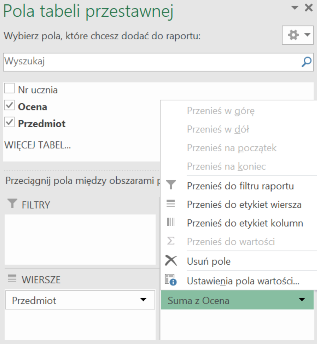 Ilustracja przedstawia okno dialogowe Pola tabeli przestawnej. Wybierz pola, które chcesz dodać do raportu. Zaznaczone opcje Ocena, Przedmiot. Poniżej znajduje się polecenie Przeciągnij pola między obszarami poniżej i pola Filtry, Kolumny, Wiersze, Suma z Ocena, a nad nią drugie okno dialogowe z kolejnymi opcjami: przenieś do filtru raportu, Przenieś do etykiet wiersza, Przenieś do etykiet kolumn, Usuń pole, Ustawienia pola wartości. Na dole okna znajduje się przycisk Aktualizuj.