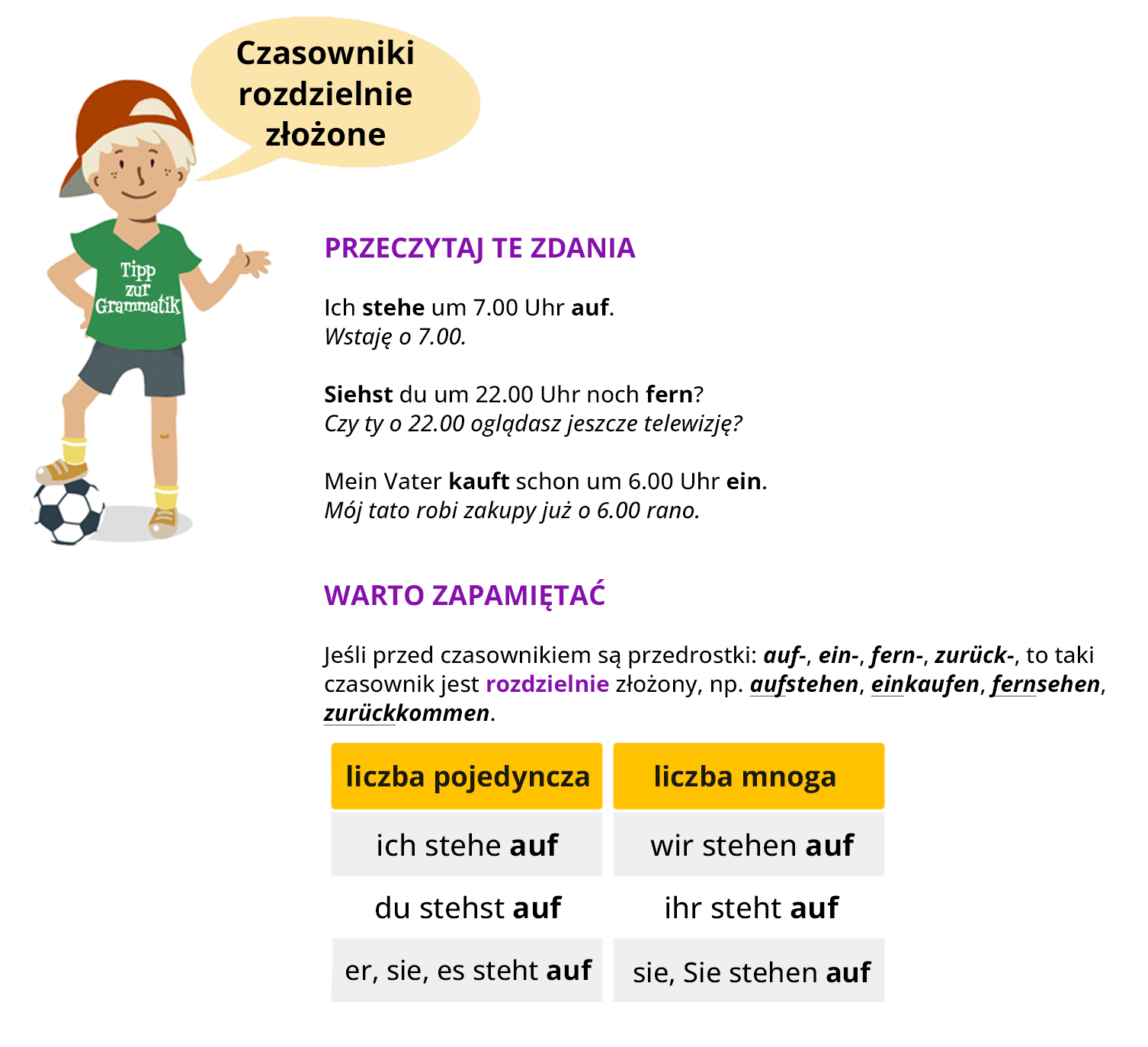 Ilustracja zawiera poradę językową.
Grafika przedstawia chłopca w czapce z daszkiem, w zielonej koszulce z napisem Tipp zur Grammatik oraz szarych spodenkach. Pod nogą trzyma piłkę. 
Chłopiec mówi: Czasowniki rozdzielnie złożone.
Pozostałą część ilustracji stanowi tekst, którego treść wyświetla się w trybie dostępności.