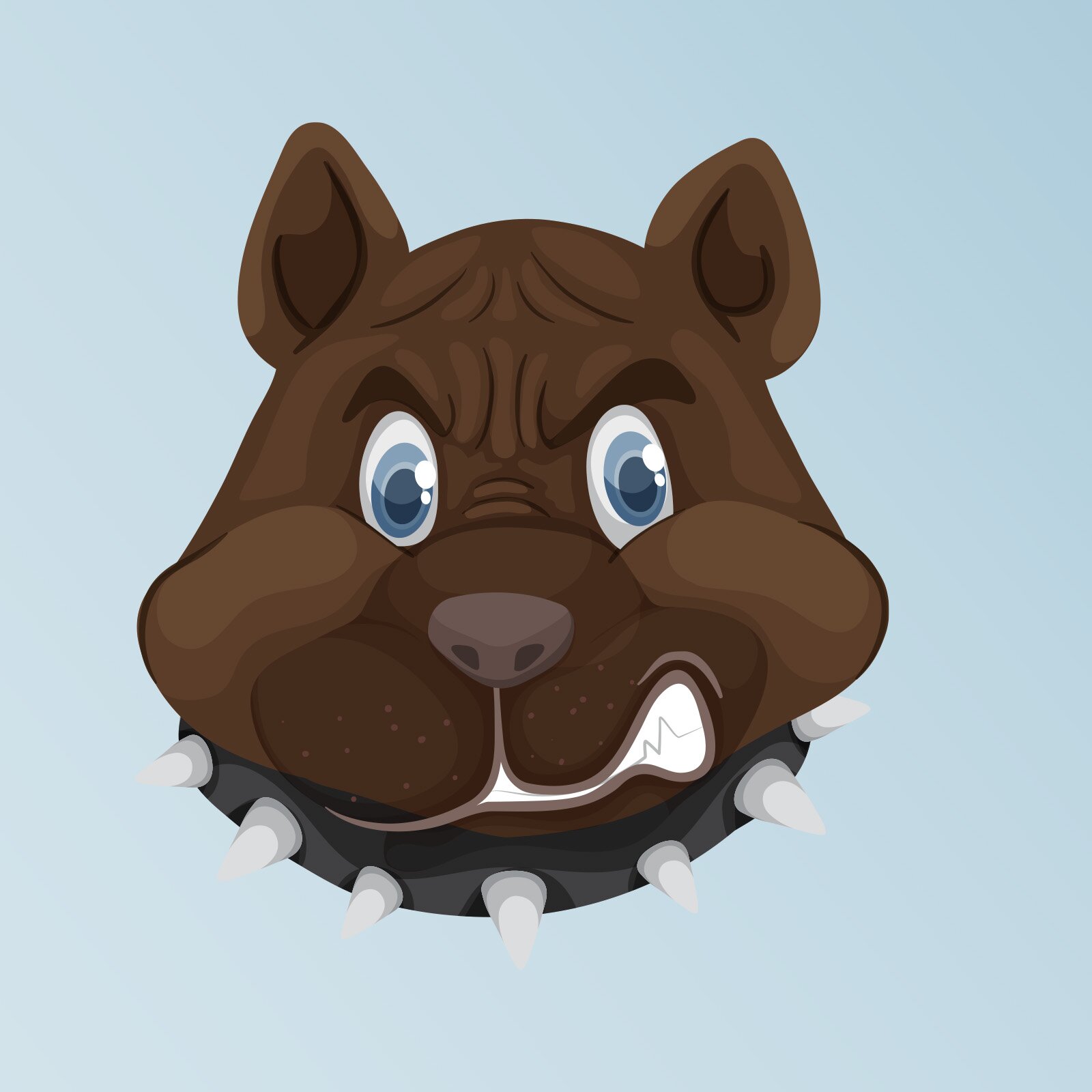 Ilustracja przedstawia groźną twarz psa. 