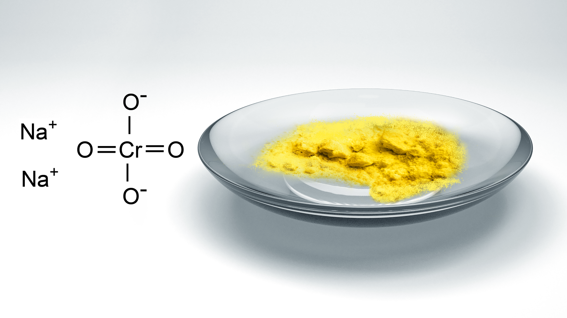 Na ilustracji na szkiełku zegarkowym jest pewna ilość żółtego proszku. Obok jest wzór: atom chromu łączy się na górze i na dole z anionem tlenu, a po lewej i prawej stronie wiązaniem podwójnym z atomem tlenu. Przed wzorem są dwa kationy sodowe.  