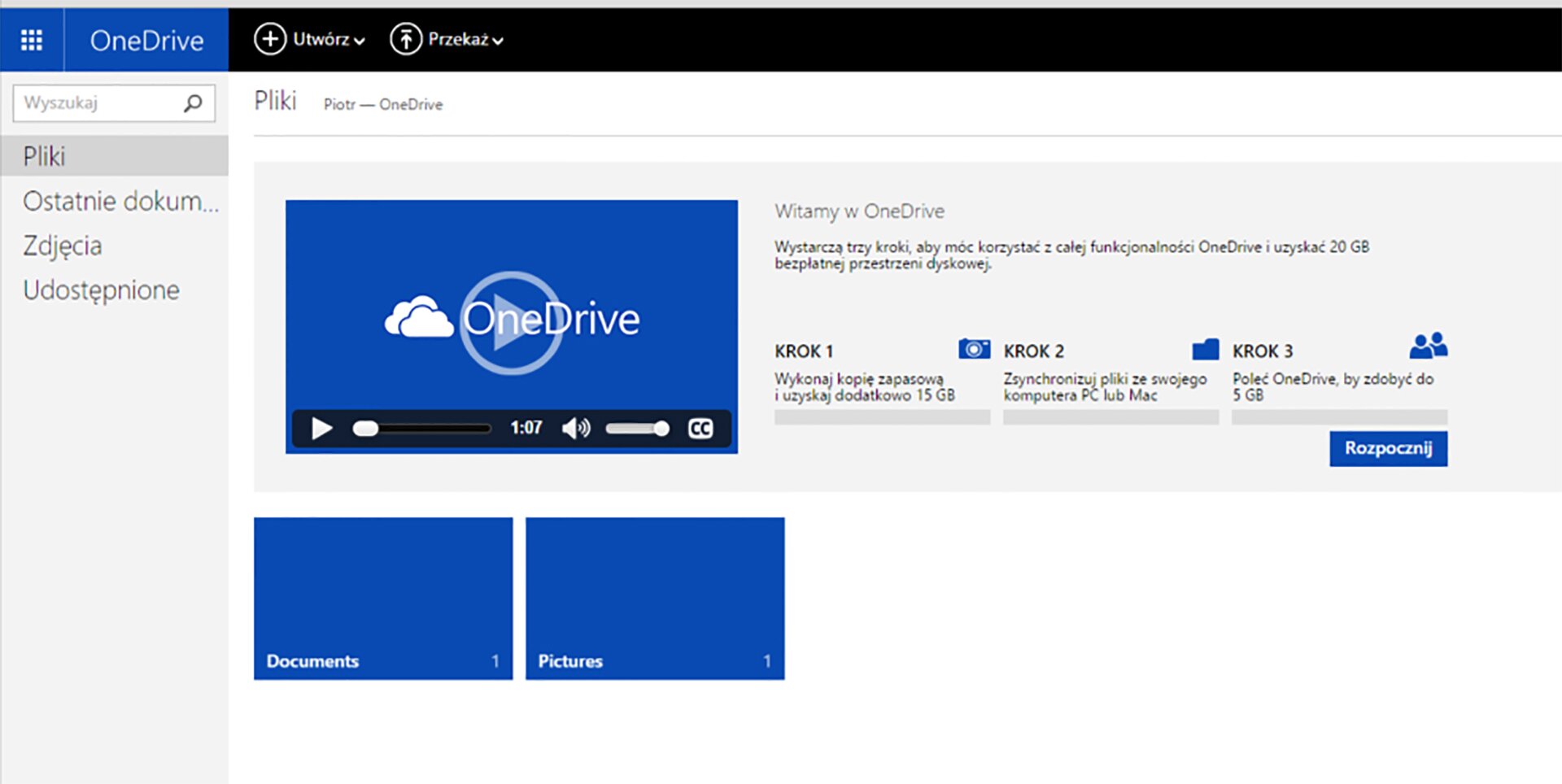 Strona powitalna zasobów chmury OneDrive