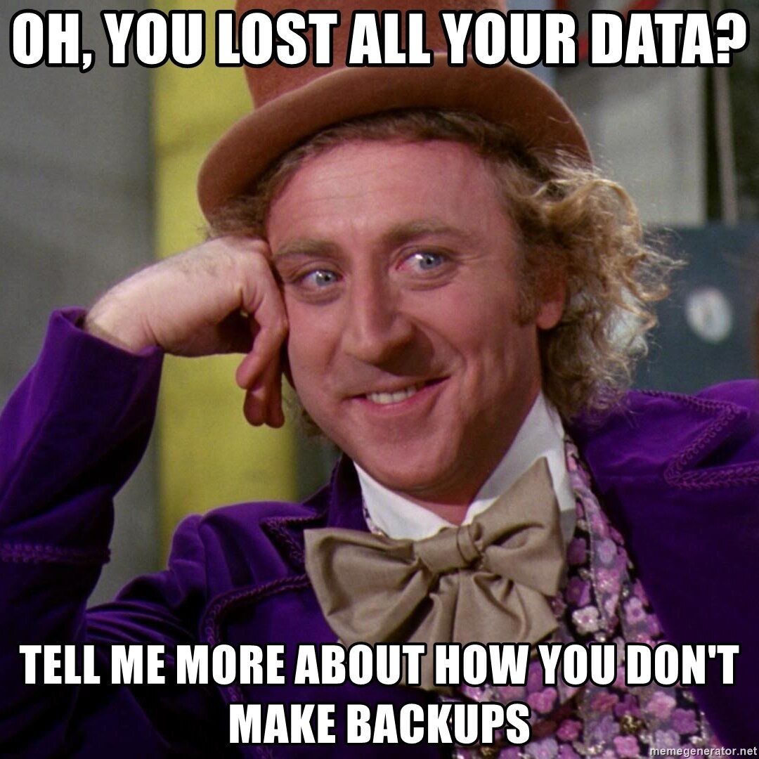 Ilustracja przedstawia mem z uśmiechniętym człowiekiem ubranym w niebieską marynarkę, kapelusz i muchę.   Opiera się on na dłoni.  Znajduje się w nim napis:  Oh, you lost all your data? Tell me more about how you don't make backups.  