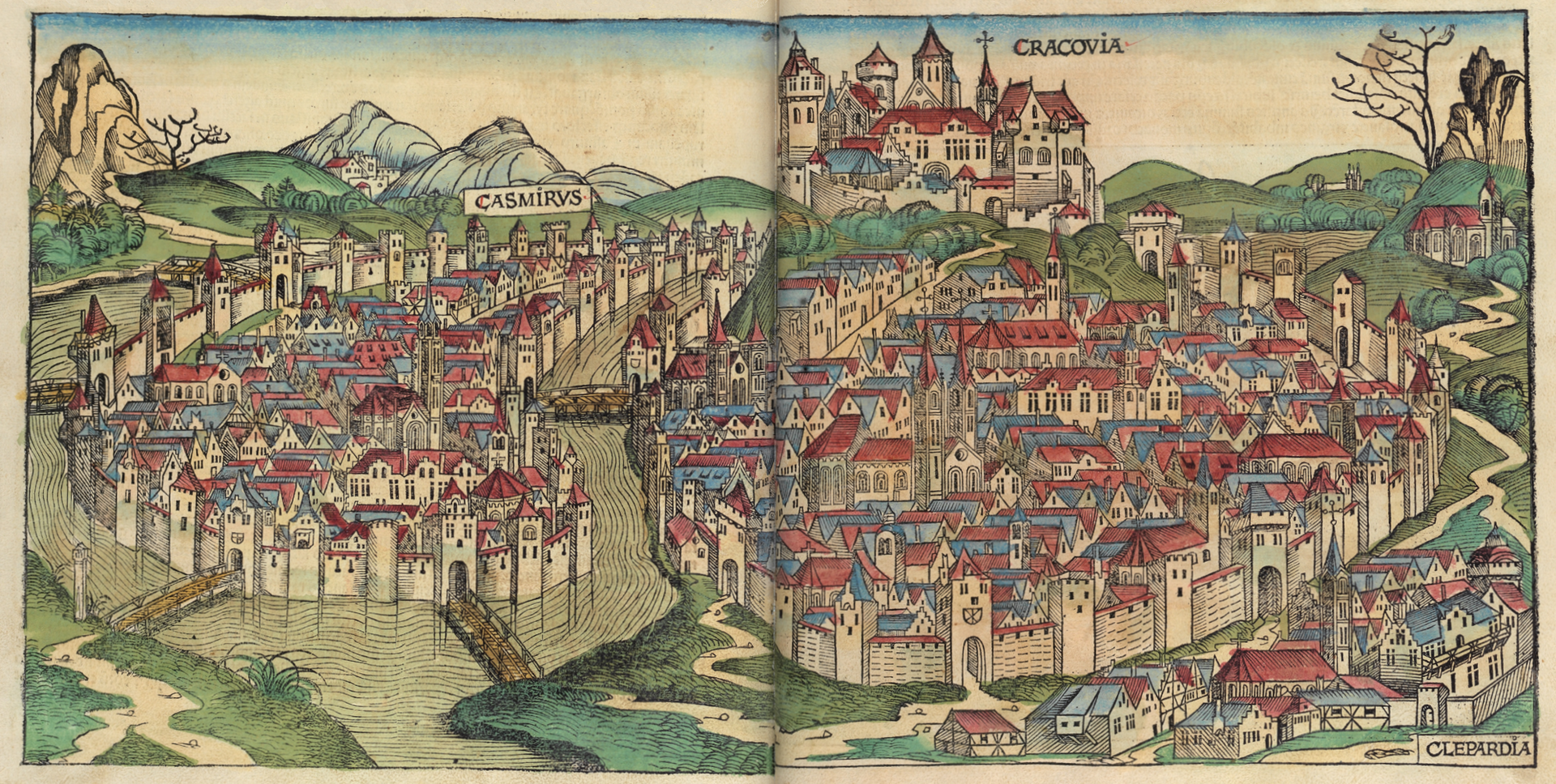 Ilustracja przedstawia mapę, panoramę Krakowa w 1493 roku. Jest ona wykonana na płótnie, widnieją łacińskie nazwy „Cracovia”, „Casmirvs”, „Clepardia”. Na rysunku widać Zamek Królewski, Wisłę okalającą miasto, w oddali kopce.