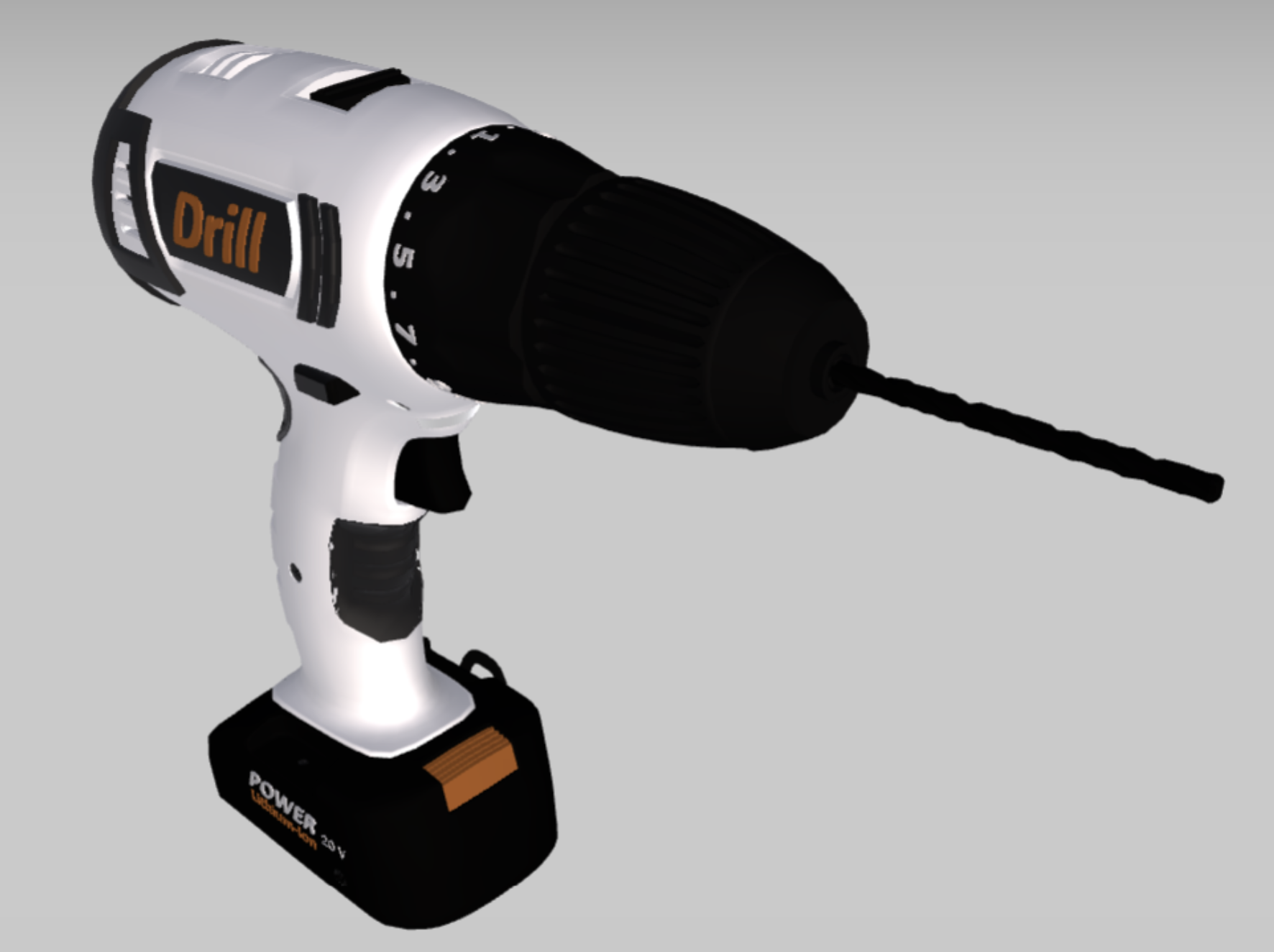 Grafika przedstawia urządzenie elektryczne. Zbudowane jest ono z rękojeści oraz korpusu zakończonego stożkowatym elementem, do którego przytwierdzane są wkręty. Na przedniej części rękojeści zamontowano włączniki. W dolnej części widoczna jest kaseta w kształcie prostopadłościanu, wyposażona w czerwony przycisk.