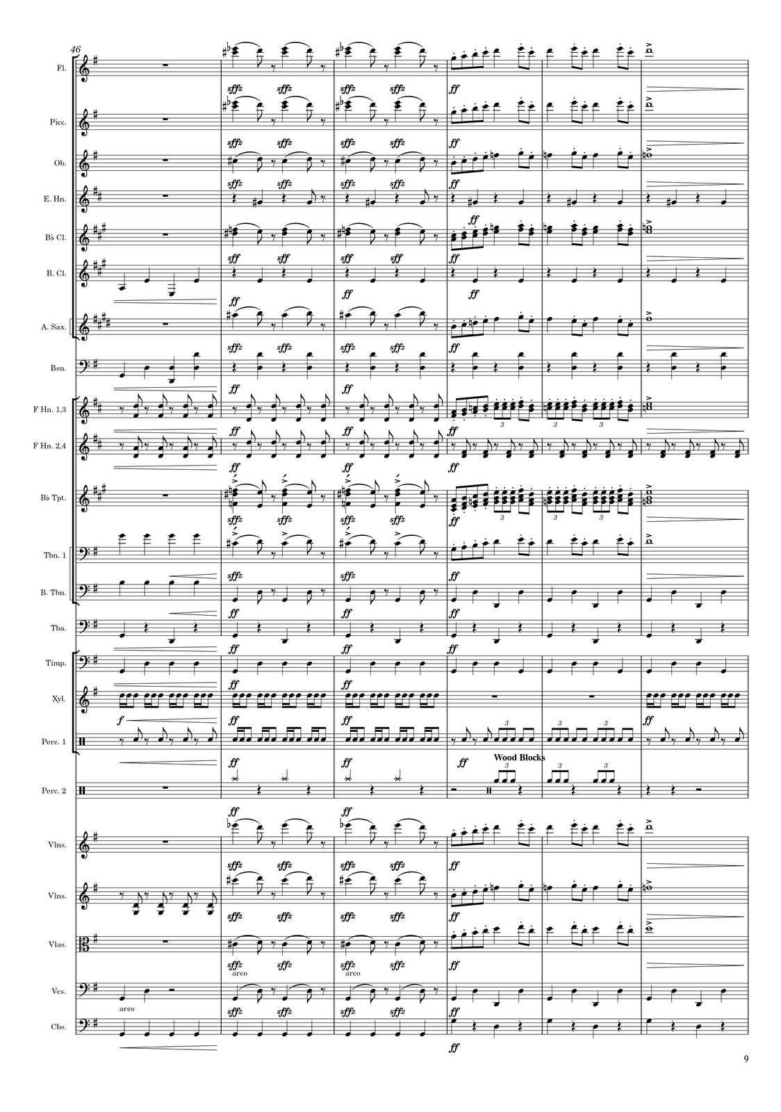 Ilustracja przedstawia stronę numer 9 z partytury „Taniec z szablami” Arama Chaczaturiana.