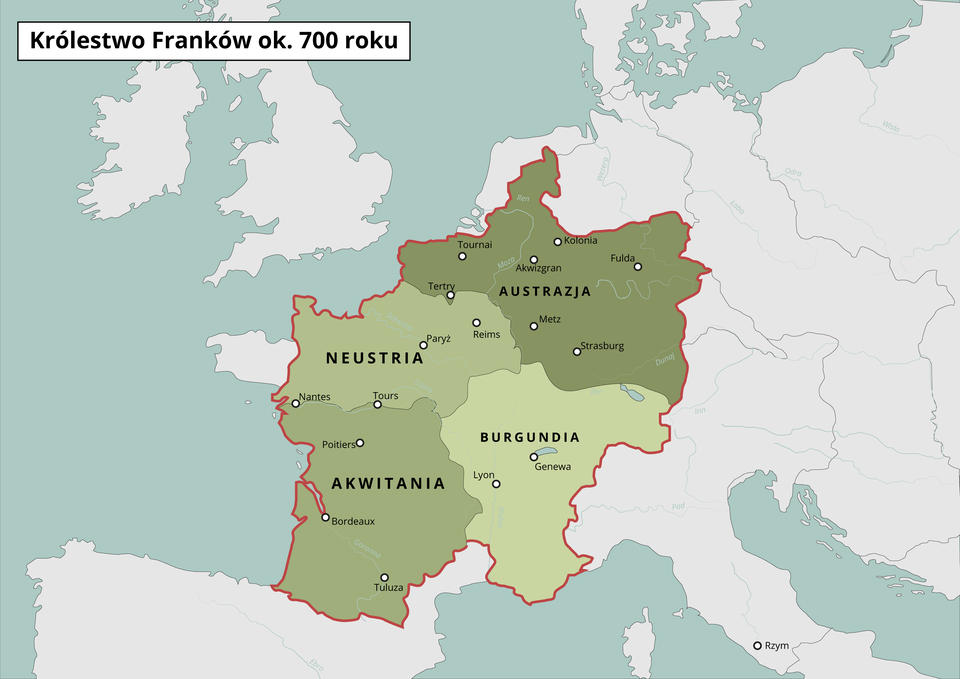 Mapa przedstawia królestwo Franków około 700 roku. Na mapie Europy środkowej zaznaczono cztery obszary: Austrazja, Neustria, Burgundia, Akwitania. Zajmują one obszary dzisiejszej Francji i Niemiec.    Obszar Austrazja obejmował miasta: Tournai, Terty, Kolonia, Fulda, Strasburg, Metz, Akwizgran. Obszar Neustria obejmował miasta: Paryż, Remis, Tours, Nantes.  Obszar Burgundia obejmował miasta: Genewa i Lyon.  Obszar Akwitania obejmował miasta: Bordeaux i Tuluza. 