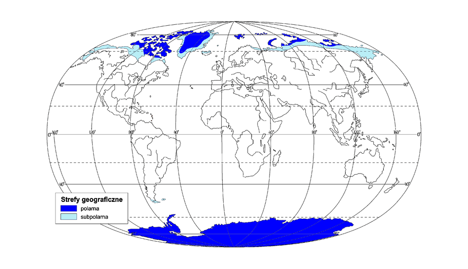Na mapie świata pokazano położenie strefy polarnej i subpolarnej. Strefa polarna jest na terenach Antarktydy (południowa) i Arktyki (północna). Obejmuje obszary położone za kołem podbiegunowym. Strefa subpolarna na półkuli północnej obejmuje obszar północnej Europy, północnej Islandii oraz północnej i wschodniej Syberii, północnej Alaski i północnej Kanady. Na półkuli południowej obejmuje południowe krańce Argentyny.