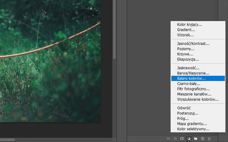 Ilustracja przedstawia fragment okna programu. Po prawej stronie okna jest lista, na której zaznaczono opcję: Balans kolorów. 