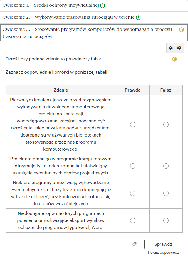 Zdjęcie przedstawia otwartą zakładkę z przykładowym zadaniem. Pod nazwą zakładki znajduje się polecenie. Pod poleceniem widać treść zadania z odpowiedziami do wyboru. Po prawej stronie polecenia widać żółty sześciokąt. Poniżej zadania, po prawej stronie panelu znajduje się ikona sprawdź. Po jej lewej stronie widać symbol gumki. Poniżej przycisku sprawdź znajduje się napis pokaż odpowiedź.