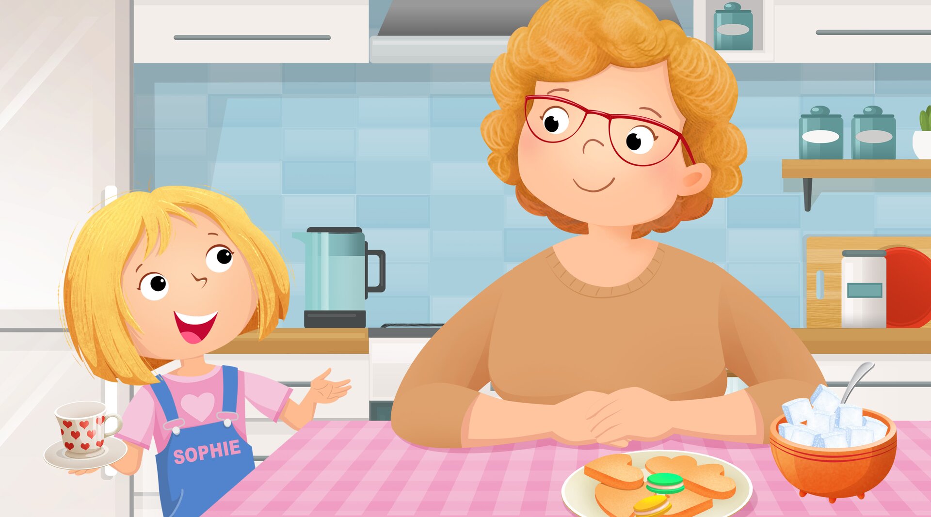 Ilustracja przedstawia uśmiechniętą dziewczynkę z kubkiem w ręce. Zwraca się ona do starszej kobiety w okularach, która siedzi przy stole.