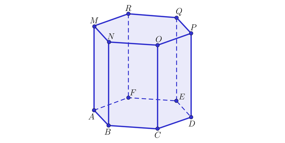 Ilustracja przedstawia graniastosłup prawidłowy sześciokątny A B C D E F M N O P Q R, gdzie wierzchołek M znajduje się nad A, wierzchołek N nad B, wierzchołek O nad C, wierzchołek P nad D, wierzchołek Q nad E, wierzchołek R nad F.