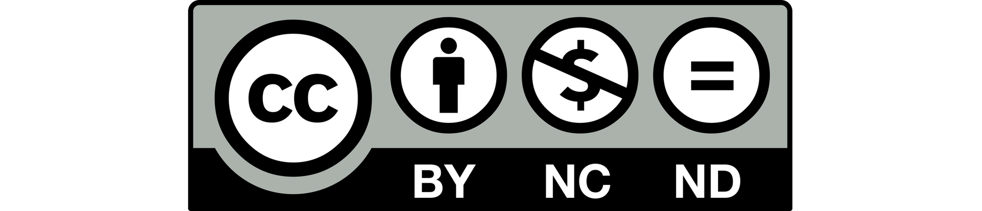 Logo przedstawiające licencję Uznanie autorstwa ‑ Użycie niekomercyjne ‑ Bez utworów zależnych. Na grafice znajdują się cztery okręgi - logo CC, Uznanie autorstwa, Użycie niekomercyjne, Bez utworów zależnych