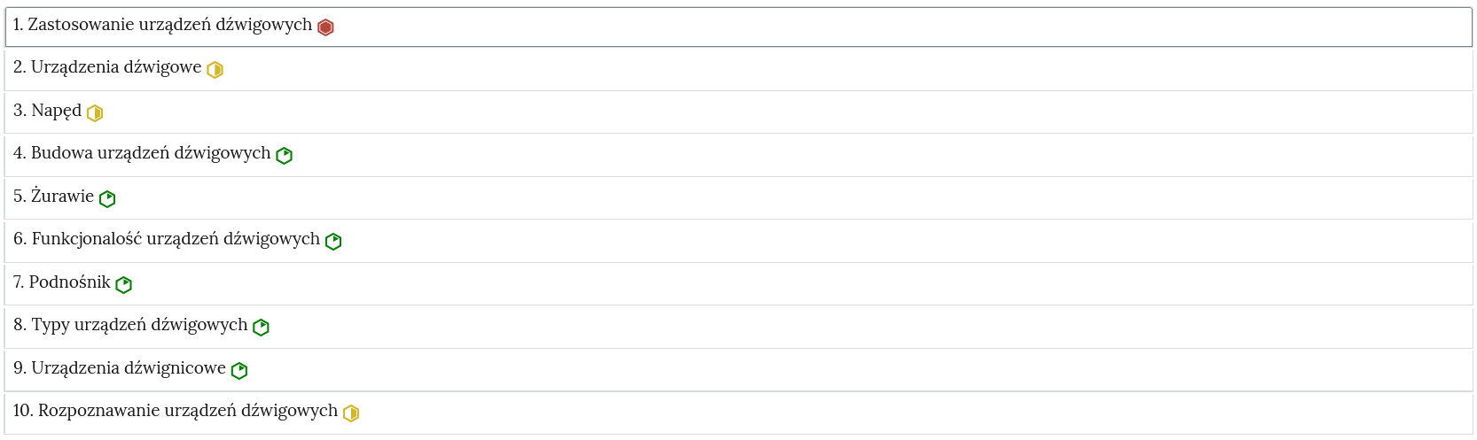 Ilustracja przedstawia przykładowy wygląd zakładek zawierających interaktywne materiały sprawdzające. Widoczne są prostokąty tworzące zakładki, które zostały opatrzone numerami oraz nagłówkami. Po prawej stronie od tytułów ćwiczeń mieszczą się oznaczenia w postaci okręgów: zielonych, żółtych oraz czerwonych.