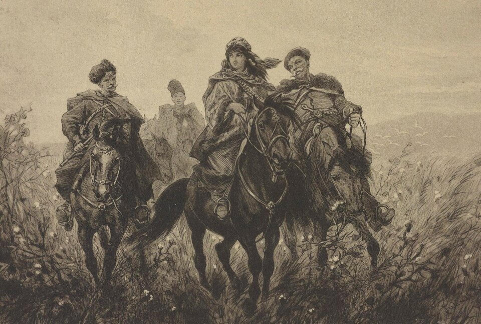 Rycina w kolorystyce sepii (odcieniach brązu) przedstawia cztery postacie - bohaterów "Ogniem i mieczem" Henryka Sienkiewicza: Helenę, Zagłobę, Wołodyjowskiego i Rzędziana. Każda z postaci jedzie konno wierzchem, otacza je bujna roślinność łąkowa - wysokie trawy i rośliny kwitnące. Jest to scena ucieczki z Czortowego Jaru.