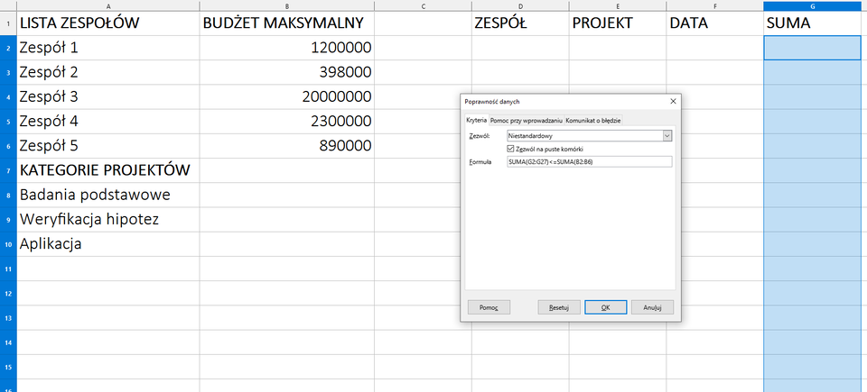 Ilustracja przedstawia arkusz kalkulacyjny. W komórce A1 jest napis: Lista zespołów, w A7 Kategorie projektów, w B1 Budżet maksymalny, w D1 Zespół, w E1 Projekt, w F1 Data, w G1 Suma. Tam, gdzie Zespół, Projekt, Data, Suma komórki kolumn są puste. Zaznaczono na niebiesko komórki kolumny G o nazwie Suma. Na tle arkusza wyświetla się okno dialogowe o nazwie: Poprawność danych. Wybrano zakładkę Kryteria. W opcji Zezwól jest wpisane słowo: Niestandardowy. Poniżej zaznaczono: Zezwól na puste komórki. W polu o nazwie Formuła jest zapis: SUMA(G2:G27)<=SUMA(B2:B6). Zastosowano przycisk OK. 